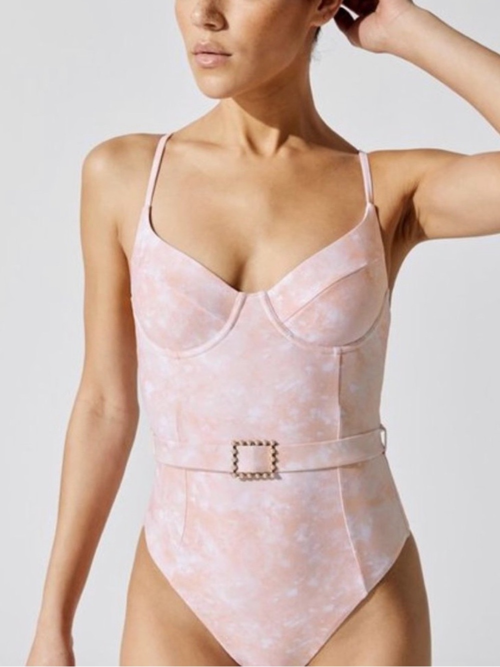 WeWoreWhat Pink Marble One-Piece Swimsuit with Belt